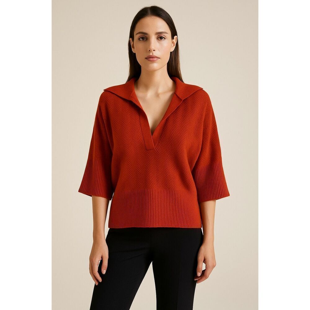 St. John Rustic Orange Wool Blend Santana Knit Collared Sweater Top Size L